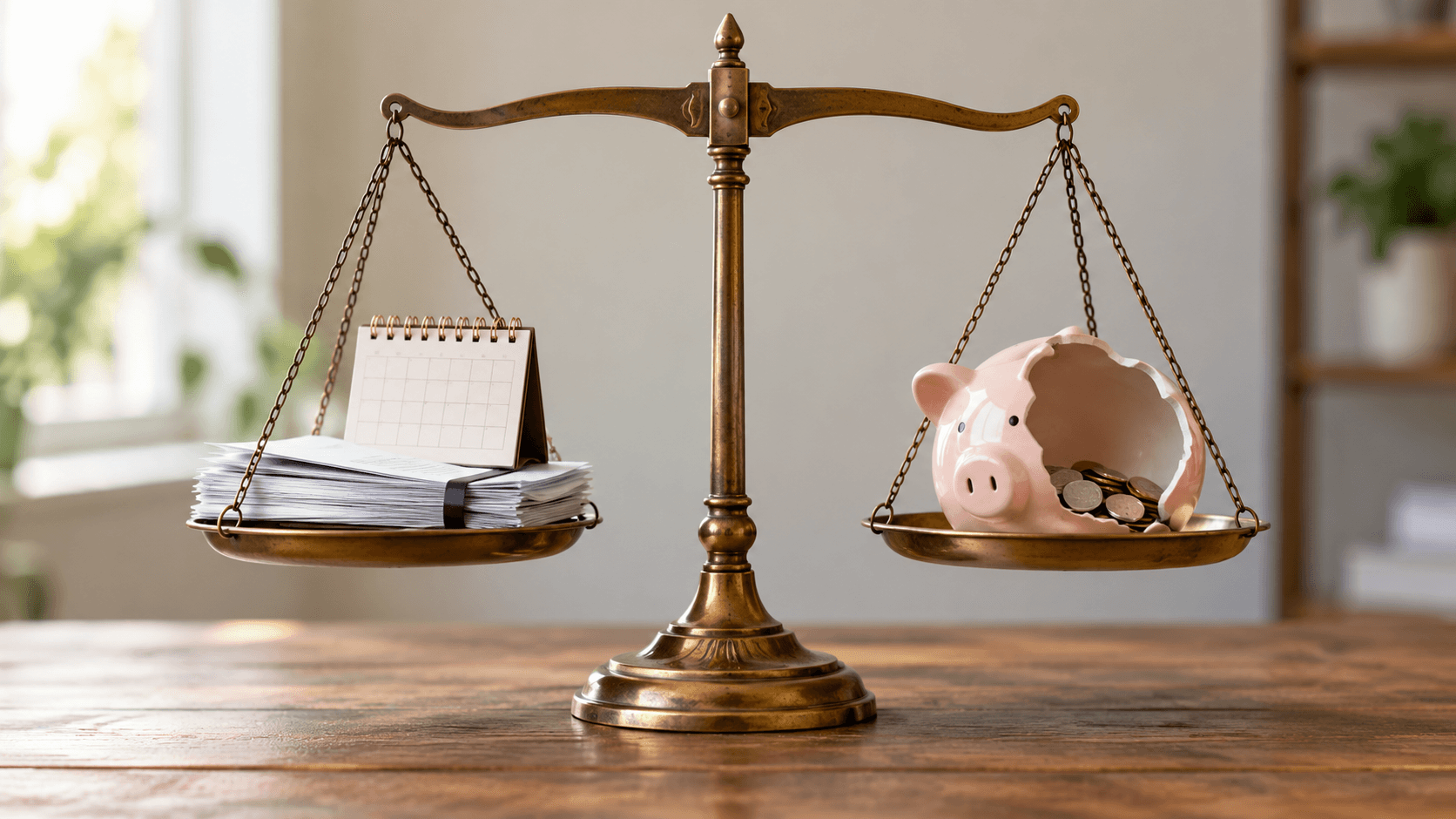 Auf einer Waage liegen ein gefalteter Kreditvertrag und ein kleiner Kalender neben einem offenen Sparschwein. Die Waage…
