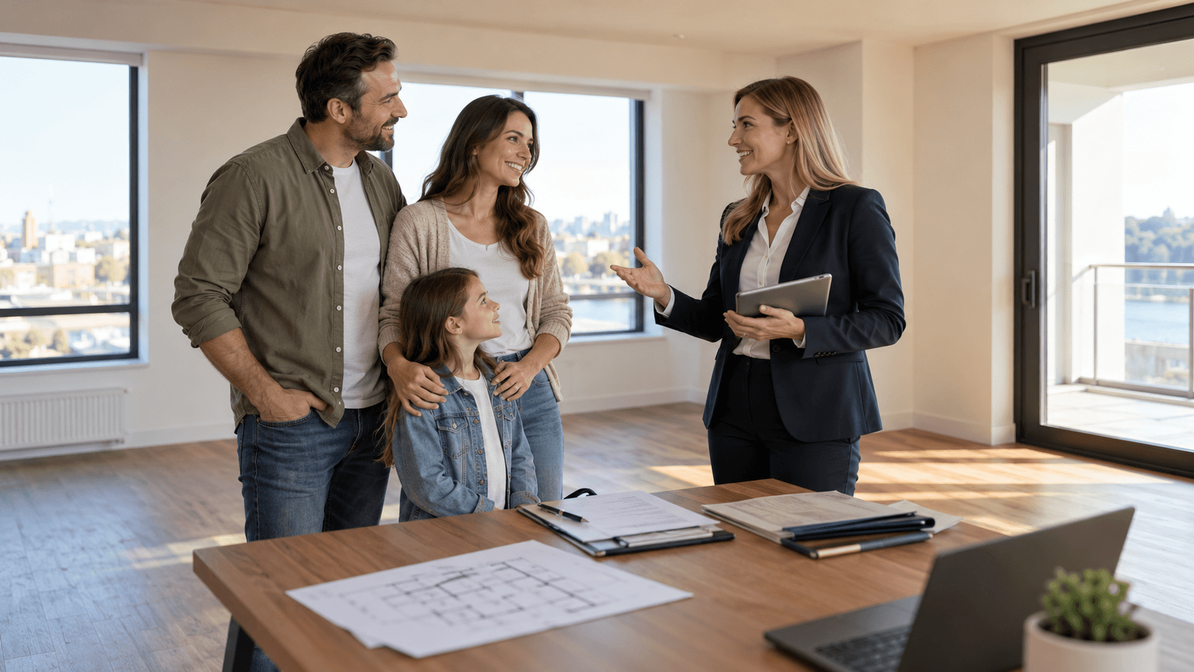 Eine Familie steht in einer noch leeren Wohnung und bespricht mit einer Bankberaterin den Kauf. Auf dem Tisch liegen…