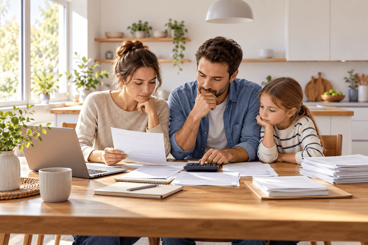 Eine Familie sitzt am Küchentisch und prüft ihre Einnahmen und monatlichen Ausgaben. Daneben liegen Bankunterlagen und ein…
